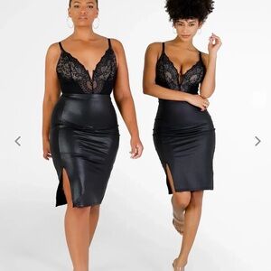 Popilush Shapewear Sculpting Faux Leather Front Slit Midi Skirt